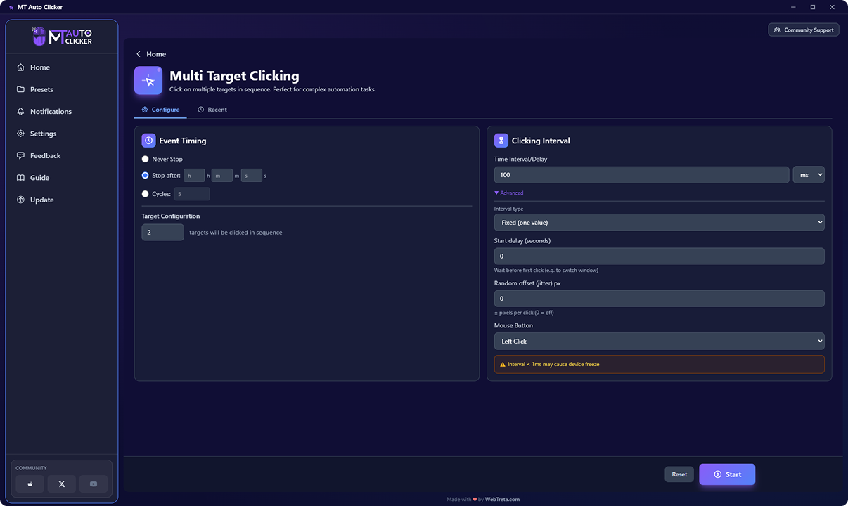 Multi Target Clicking Setup screen